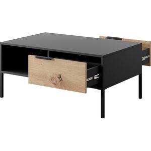RAVA salontafel - Tafel met plank en lade - Soft close - Zwart + Traditioneel eiken - 96 cm