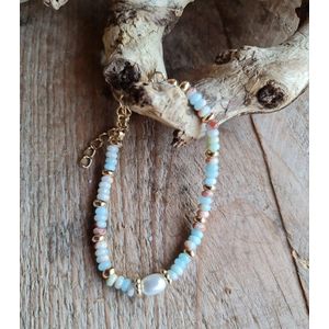Handgemaakte edelsteen armband van Aquamarijn en parel - blauwe tinten 1st