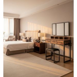 Make-uptafel met Drievoudige Spiegel en Gestoffeerde Kruk – 3 Laden, Haardroger- en Borstelhouder – 90x40x141 cm – Industriële Kaptafel van Hout en Metaal, Eikenbruin-Zwart – Altameubel