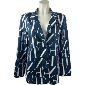 Angelle Milan - Donkerblauw-witte print travelstof blazer voor Dames - Travelstof - Comfort - Strijkvrij - Duurzaam - In 5 maten!