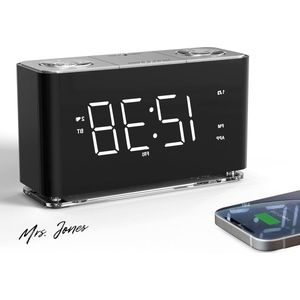 Mrs. Jones Digitale FM-radio Niet tikkend dubbel alarm met snooze Opladen via USB Nachtlampje Dimmerbediening Slaap-naar-radiotimer Extra ingang Back-upbatterij iTOMA CKS507 .