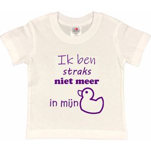 Shirt Aankondiging zwangerschap ""Ik ben straks niet meer in mijn eendje | korte mouw | wit/paars | maat 134/140 zwangerschap aankondiging bekendmaking