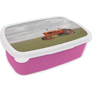 Broodtrommel Roze - Lunchbox - Brooddoos - Tractor - Wielen - Vintage - 18x12x6 cm - Kinderen - Meisje
