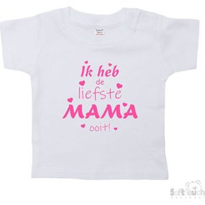 Soft Touch T-shirt Shirtje Korte mouw ""Ik heb de liefste mama ooit!"" Unisex Katoen Wit/roze Maat 62/68