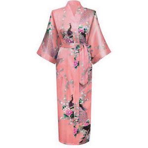 KIMU® Kimono Zalm Roze Maxi - Maat S-M - Yukata Satijn Lang - Lange Lichtroze Ochtendjas Japanse Kamerjas Sexy Satijnen Badjas Geisha Pauwen Vest Jurk Sinterklaas Kado