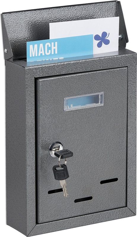 Relaxdays wandbrievenbus - met naambordje - metaal - slot - 2 sleutels - 26,5 x 19 x 6,5 cm - grijs