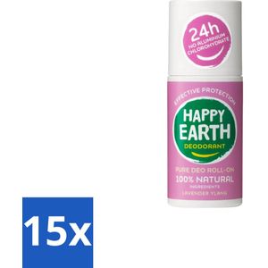 Happy Earth – Deodorant Roll-On – 100% Natuurlijk Lavender Ylang – 75 ml - Bulkverpakking - 15 stuks