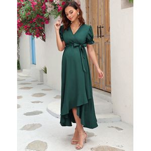 Zwangerschapsjurk voor dames, voedingsjurk met V-hals, zwangerschapsjurk met korte mouwen en bloemenjurk met ruches Donkergroen M
