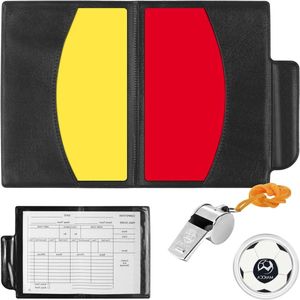 Allecto Plus - Scheidsrechterset voor voetbalwedstrijden met gele en rode kaart, fluitje, sleutelband, kaarten, puntenboek en munt - Ideaal voor schooltrainingen