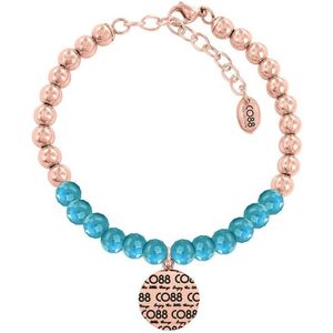 CO88 Collection 8CB-14011 - Armband met bedel - stalen en Jade natuursteen 6 mm - CO88 logo - lengte 17 + 5 cm - blauw / rosékleurig