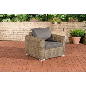 CLP Polyrattan fauteuil Bilbao/Madeira 5mm I Tuinfauteuil van rond rotan I Loungestoel met aluminium frame incl. kussens natura ijzerachtig grijs