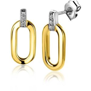 Zinzi zilveren oorstekers extra 14K geel verguld ovaal witte zirkonia's 13mm ZIO2248