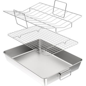 41 cm super grote grill- en ovenschaal met rooster en V-vorm rooster, roestvrij staal, rechthoekige grillschaal, braadpan met handgrepen voor kip, robuust, gezond en vaatwasmachinebestendig