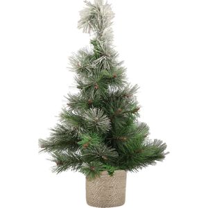 Besneeuwde kunstboom/kunst kerstboom 60 cm met naturel jute pot - Kerstboompjes/kunstboompjes