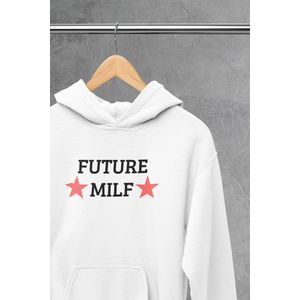 Hoodie - Future milf - Wurban Wear | Grappige hoodie | Leuk cadeau | Unisex hoodie | meme | Meme kleding | Viespeuk | Grappige kleding | Grappige trui | Dubbelzinnige kleding | Wit