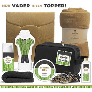 Geschenkset ""Mijn vader is een topper!"" - 7 Producten - 1300 gram | Toilettas zwart - Wellness Cadeau voor hem - Man - Bodylotion - Douchegel - Styling Gel - Scrubzout - Giftset Vaderdag - Bedankt Papa - Gift Verjaardag - Speciaal voor de beste vader
