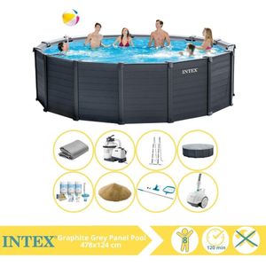 Intex Graphite Gray Panel Zwembad - Opzetzwembad - 478x124 cm - Inclusief Onderhoudspakket, Filterzand, Onderhoudsset en Zwembad Stofzuiger
