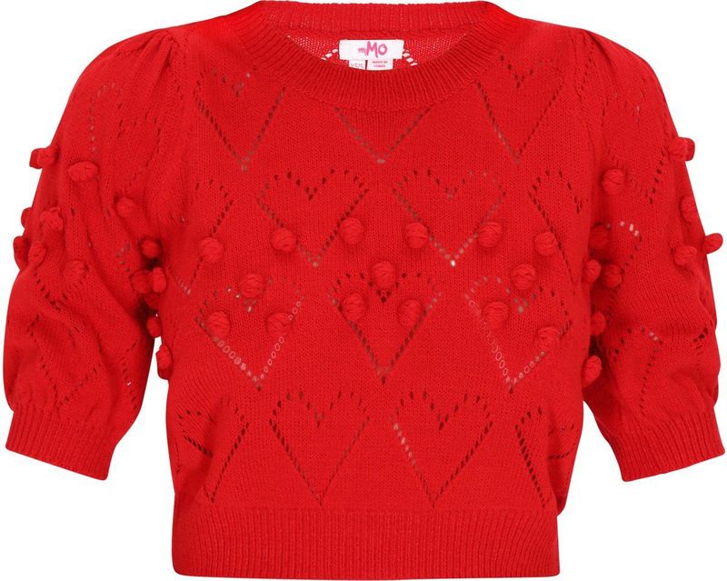 myMo - Top - Met Ajour Hartjespatroon - Korte Pofmouwen