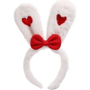 Zachte witte haarband met konijnenoren en hartjes - Liefde - Valentijnsdag - Vrijgezellenfeest