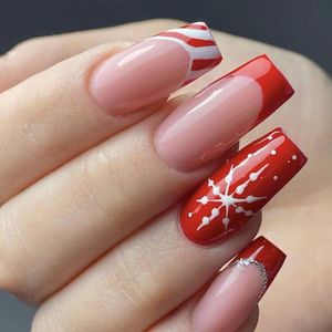 Allecto plus - Vierkante valse nagels 24 stuks - Lange rode nagels met sneeuwvlokkenprint - Manicure set