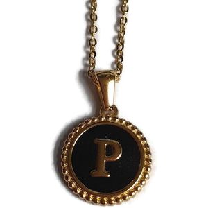 Aramat jewels -ketting-letter p- chirurgisch staal - zwart - goudkleurig-45cm - dames- rond