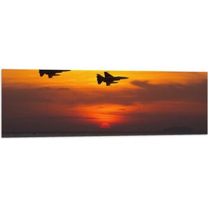 Vlag - Silhouet van Straaljagers boven de Zee tijdens Zonsondergang - 120x40 cm Foto op Polyester Vlag