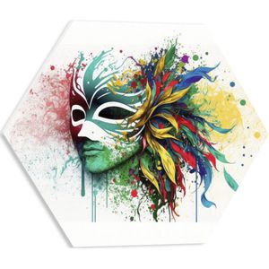 PVC Schuimplaat Hexagon - Waterverf Tekening van Kleurrijke Carnavals Masker tegen Witte Achtergrond - 40x34.8 cm Foto op Hexagon (Met Ophangsysteem)