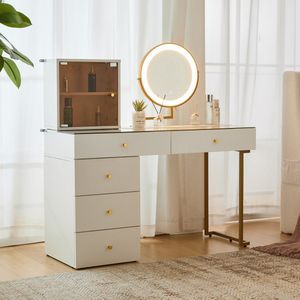 Sweiko Kaptafel met LED-lichtspiegel, blad van helder gehard glas met 5 laden, wit, 120 x 45 x 115 cm (zonder krukje)
