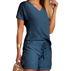 Moderne Zomer Outfit Dames - 2 delig - Korte Broek en Shirt - Knopen - Blauw