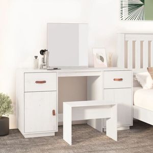 The Living Store Kaptafelset met spiegel massief grenenhout wit - Kaptafel - Make-up Tafel - Dressing Table - Salontafel - Meubilair