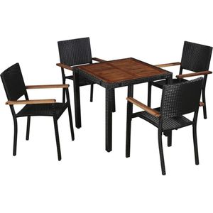vidaXL - 5-delige - Tuinset - poly - rattan - en - acaciahout - zwart