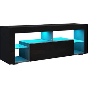 Zwart Tv-Meubel Hoogglans - Met Led-Verlichting In 12 Kleuren - Klapdeur - Glazen Plank - Greeploos Ontwerp - 140X35X50.5 Cm