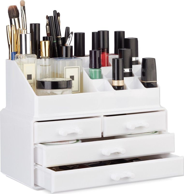 Relaxdays Make-up Organizer - Tweedelig - Cosmetica Opbergdoos - Wit