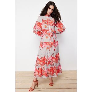 Trendyol Beige Gevoerde Geweven Jurk Met Bloemenpatroon En Riem Tctss24Eb00095