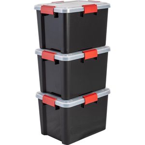 IRIS Airtight Opbergbox - 20L - Kunststof - Zwart/Rood - Set van 3