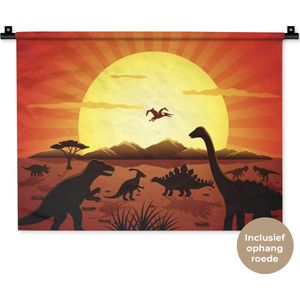 Wandkleed Dinosaurus illustratie - Een illustratie van dinosaurussen in de zonsondergang Wandkleed katoen 60x45 cm - Wandtapijt met foto