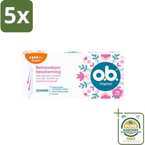5 x o.b. Tampons - Original Super - Gebogen Groeven - Voor Betrouwbare Bescherming - 16 Tampons - Grootverpakking - Tampons - Menstruatiebescherming - Gebogen Groeven - Super Absorptie - StayDry