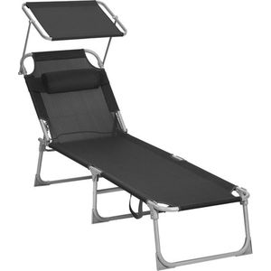 Sun Lounger - Outdoor Sun Lounger - Opvouwbare Sun Lounger - Verstelbare Sun Lounger - Garden Sun Lounger - Met Hoofdsteun En Zonnekap - Zwart - 53 x 193 x 29,5 cm