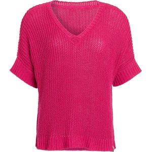 Knit Factory Daisy Gebreide Dames Top - Trui met korte mouwen - Gebreide t-shirt - T-shirt - Shirt gemaakt van 80% gerecyceld katoen - Duurzaam & milieuvriendelijk - Korte mouw - V-hals - Fuchsia - Felroze - 36/44