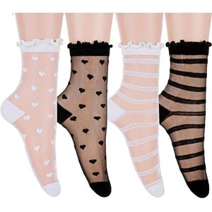 Allecto plus - Set van 4 paar transparante enkelsokken met ruches voor dames | Ultra dunne kanten doorschijnende sokken | Schattige hart- en streepmotieven | Zwart en Wit | Maten 40.5-44.5 EU