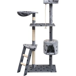 The Living Store Kattenboom - Grijs met Zwarte Pootafdrukken - 97 x 40 x 150 cm - Met Ladder - Huisje - Hangmat - Krabpalen en Platformen