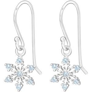 Joy|S - Zilveren sneeuwvlokje bedel oorbellen - oorhangers - zacht blauwe zirkonia