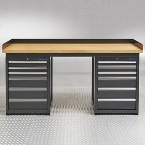 Datona® Werkbank PRO - eiken werkblad - 12 lades - 200 cm - Matzwart