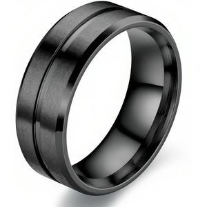 Ring Heren Zwart met Gegraveerde Streep - Staal - Ringen - Cadeau voor Man - Mannen Cadeautjes