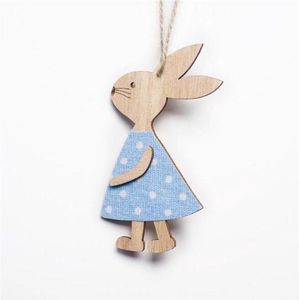 Schattige houten konijn paasdecoratie - Paastakken | Konijn hout - hanger | Blauw polkadot dots jurkje - Meisje - Girl | Decoratie kinderkamer - Versiering | Geboorte - Baby - Babyshower | Guirlande - Banner | Pasen - Paasfeest - Paashaas – Haas