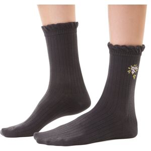Donkergrijs retro sokken met ruches-bloemenprint-zacht & naadloos katoen-2 paar-maat 35-37