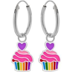 Oorbellen meisje | Zilveren kinderoorbellen | Zilveren oorringen met hanger, kleurige cupcake met paars hartje