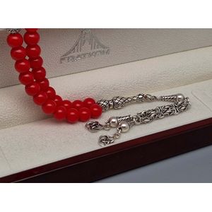 Tesbih Natuursteen ""Bloedkoraal"" en 925 zilver met tassel ""Rozen"" - Aantal kralen 33 - Diameter kralen 8mm