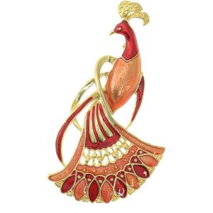 Behave Broche pauw goud kleur rood emaille 8 cm