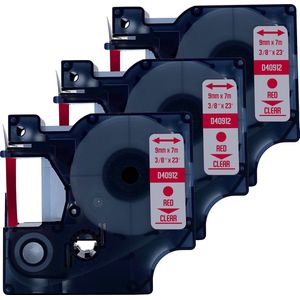 DULA Dymo D1 40912 Compatible label tape - 3 lettertapes- Rood op transparant - 9mm x 7m